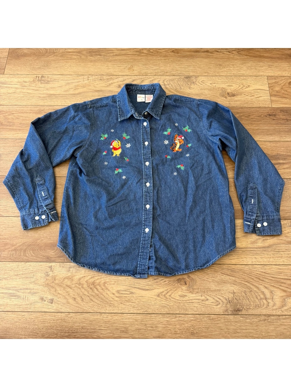 Vtg Disney Pooh Tigger Christmas Denim Shirt Women XL